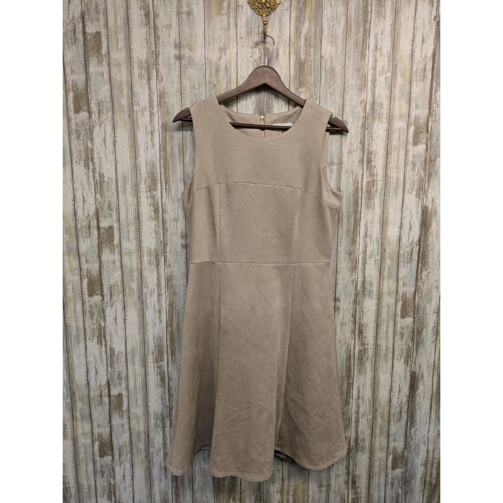 Calvin Klein Faux Suede Dress Cream Fit & Flare Heavy Career Sleeveless Size 8